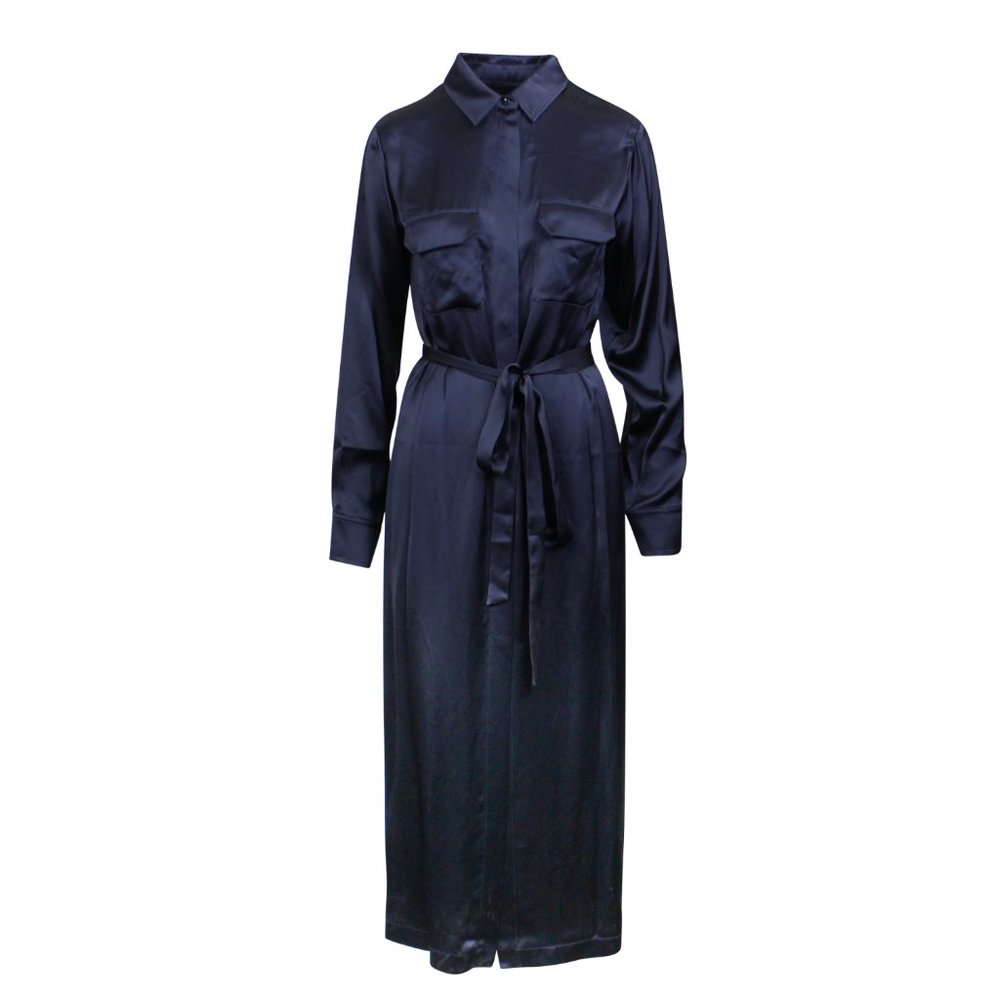 A_PLAN_APPLICATION Navy Blue Satin Button Down Shirt Dress Size S $1030